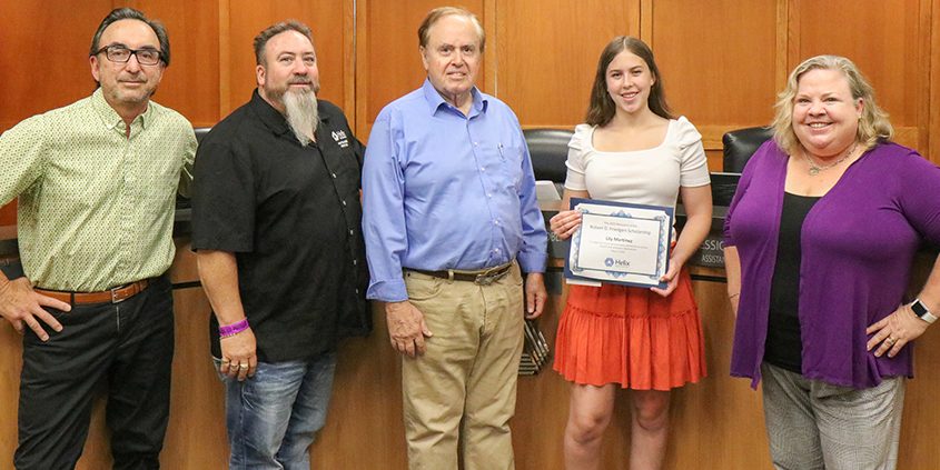 Board members Mark Gracyk and Joel Scalzitti, Board Vice President Don McMillan, Lily Martinez, and Board President Kathleen Coates Hedberg. Scholarship programs throughout San Diego County and California for 2024 are now open. Photo: Helix Water District 2024 scholarhip applications