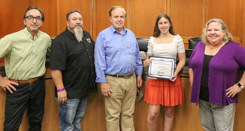 Board members Mark Gracyk and Joel Scalzitti, Board Vice President Don McMillan, Lily Martinez, and Board President Kathleen Coates Hedberg. Photo: Helix Water District college scholarships