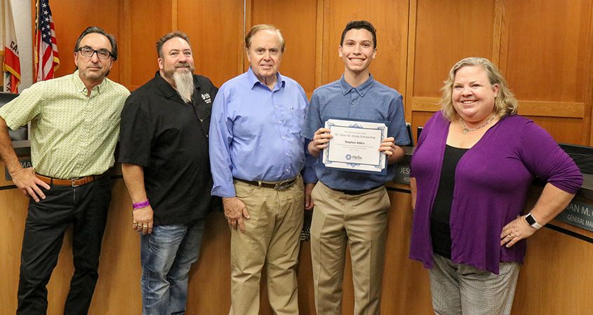 Board members Mark Gracyk and Joel Scalzitti, Board Vice President Don McMillan, Stephen Abkin, and Board President Kathleen Coates Hedberg. Photo: Helix Water District college scholarships