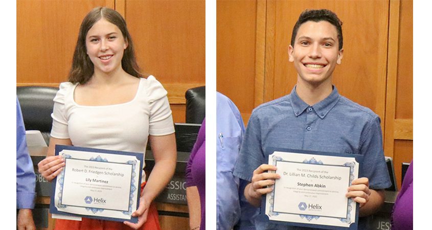 Helix Water District scholarship winners in 2023 Lily Martinez and Stephen Abkin. Photo: Helix Water District 2024 college scholarships