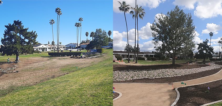 Before and after views of the Lake San Marocs Mall III Homeowners Association makeover. Photo: Vallecitos Water District makeover conserves water