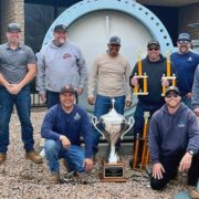 The Water Authority Fleet and Facilities Maintenance Crews pose with their 2023 Roadeo trophies. Top Row(L to R): Matt Boteler, Luke Holbrook, Tyson Short, Frank Vargas, Bobby Bond, Bill Keyser, Mark Christman. Bottom Row: Tony Zepeda and Cole Curtis. Photo: San Diego County Water Authority