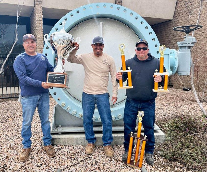 The team of Tony Zepeda, Frank Vargas, and Bobby Bond pose with their awards at the Water Authority's Escondido facility. Photo: San Diego County Water Authority