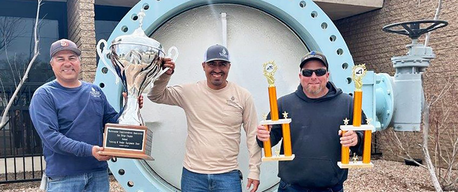 SLIDER The team of Tony Zepeda, Frank Vargas, and Bobby Bond pose with their awards at the Water Authority's Escondido facility. Photo: San Diego County Water Authority