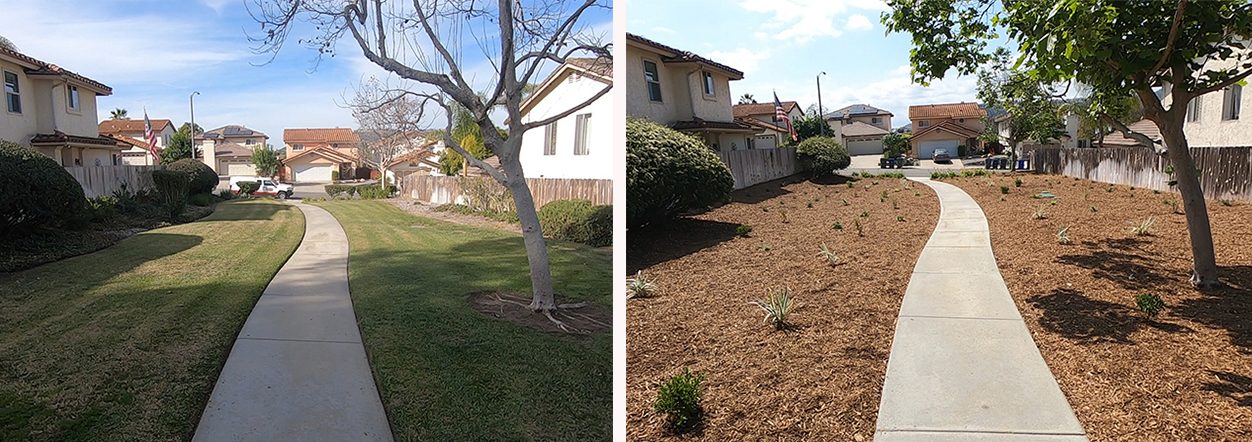The walkway area before and after its recent landscape makeover. Photos: Vallecitos Water District Landscape Optimization Service