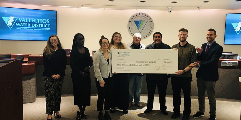 Scholarships were issued to local students by the Vallecitos Water District to help them continue their higher education. (L to R): Board Vice President Tiffany Boyd-Hodgson, scholarship winners Phlavia Oyrem, Caitlyn Hansen, and Julianna Stipica-Kelecic, Board President Jim Hernandez, scholarship winners Daniel Baza, Evan Fox, and Board Member Erik A. Groset. Not pictured: Board Members Craig Elitharp and Jim Pennock, scholarship winner Brook Sannella. Photo: Vallecitos Water District