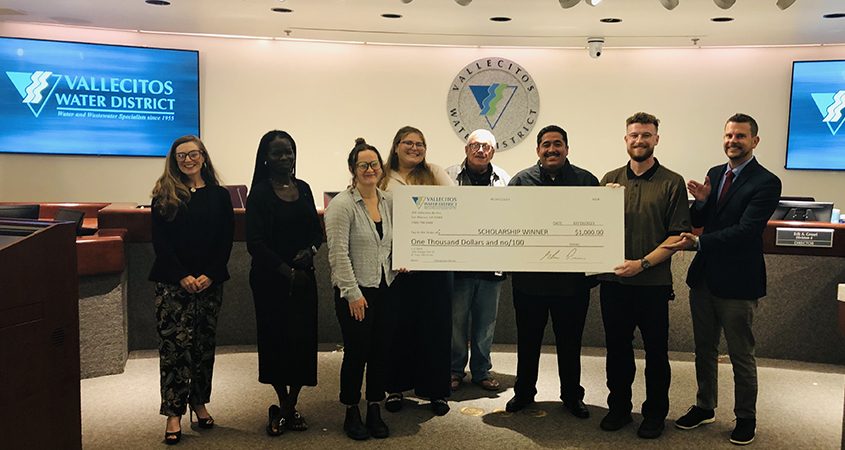 Scholarships were issued to local students by the Vallecitos Water District to help them continue their higher education. (L to R): Board Vice President Tiffany Boyd-Hodgson, scholarship winners Phlavia Oyrem, Caitlyn Hansen, and Julianna Stipica-Kelecic, Board President Jim Hernandez, scholarship winners Daniel Baza, Evan Fox, and Board Member Erik A. Groset. Not pictured: Board Members Craig Elitharp and Jim Pennock, scholarship winner Brook Sannella. Photo: Vallecitos Water District