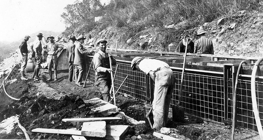 One of 11 gunite bench sections along the Flume under construction in 1925. The Flume is the Vista Irrigation District’s main water conduit and has been indispensable in the area’s development. When water first flowed through the Flume, the District served a population of 337, compared to serving 134,000 customers today. Photo: Vista Irrigation District celebrates