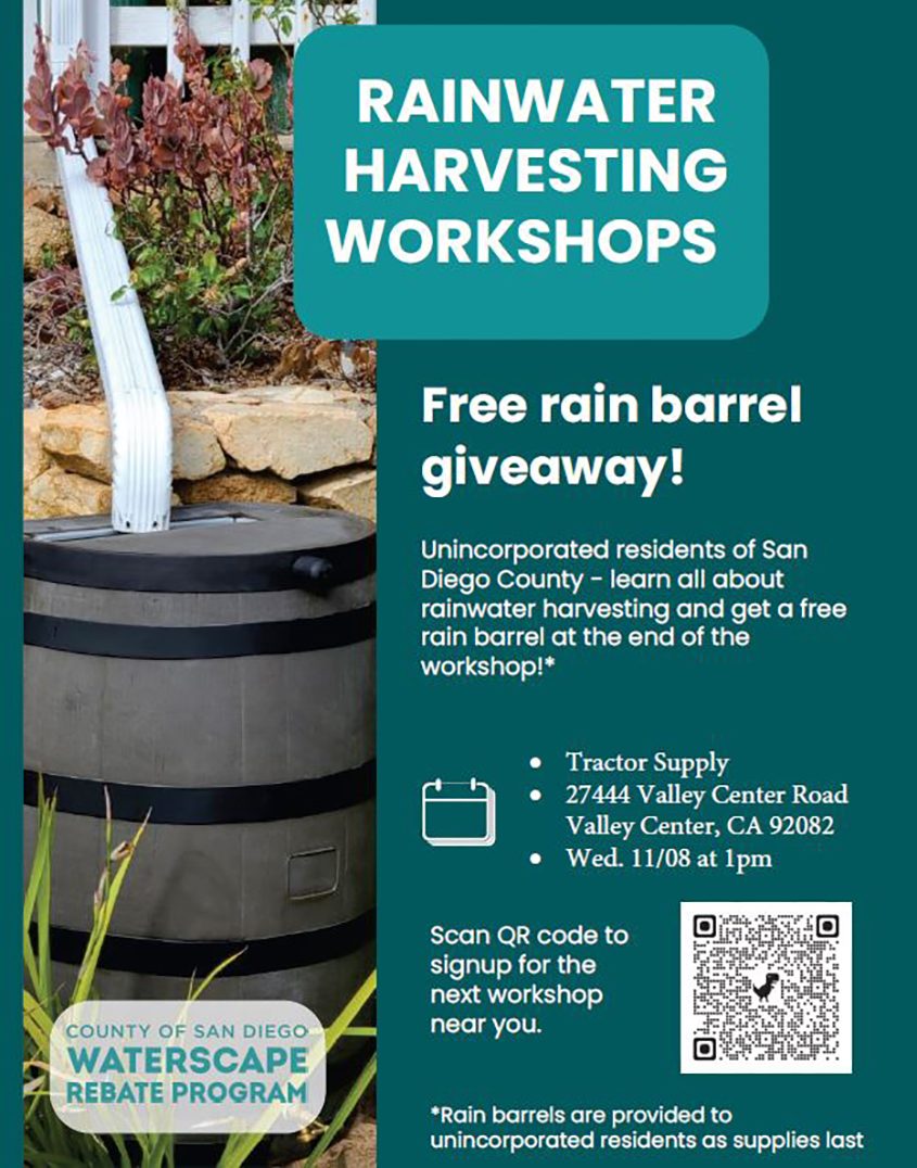 The County of San Diego holds free rain barrel rebate workshops at different locations. Use the QR Code for the latest schedule. Photo: County of San Diego