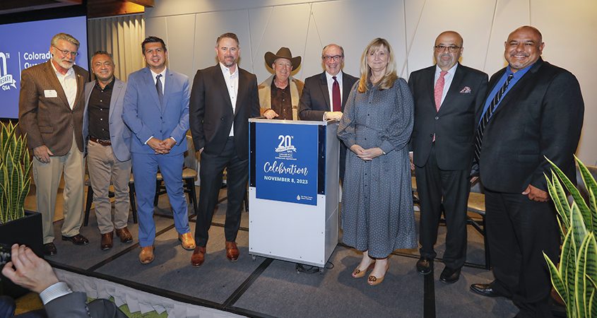 Officials recognizing the Quantification Settlement Agreement 20th Anniversary (L to R): Jim Barrett, Coachella Valley Water District GM, Miguel Luna, Chair of the Legal and Claims Committee with the MWD Board, State Assemblyman David Alvarez (D-80), Water Authority GM Dan Denham, Colorado River Board of California Vice Chair and Water Authority board member Jim Madaffer, Water Authority Board Chair Mel Katz, Jamie Asbury, IID GM, MWD General Manager Adel Hagekhalil, IID GM Alex Cardenas. Photo: San Diego County Water Authority