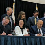 Top (L to R): Mel Katz, chair SDCWA Board; Jim Madaffer, Vice Chair Colorado River Board of CA and SDCWA Board member; Gloria Cordero, MWD’s representative to the Colorado River Board; Adan Ortega, chair MWD Board; J.B. Hamby, Chair Colorado River Board of CA. Bottom (L To R): Dan Denham, SDCWA General Manager; Camille Touton, Commissioner of the U.S. Bureau of Reclamation; Adel Hagekhalil, MWD General Manager; Jamie Asbury, Imperial Irrigation District General Manager. Photo: San Diego County Water Authority