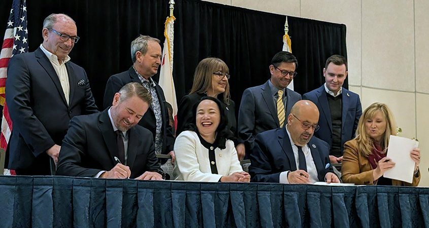 Top (L to R): Mel Katz, chair SDCWA Board; Jim Madaffer, Vice Chair Colorado River Board of CA and SDCWA Board member; Gloria Cordero, MWD’s representative to the Colorado River Board; Adan Ortega, chair MWD Board; J.B. Hamby, Chair Colorado River Board of CA. Bottom (L To R): Dan Denham, SDCWA General Manager; Camille Touton, Commissioner of the U.S. Bureau of Reclamation; Adel Hagekhalil, MWD General Manager; Jamie Asbury, Imperial Irrigation District General Manager. Photo: San Diego County Water Authority