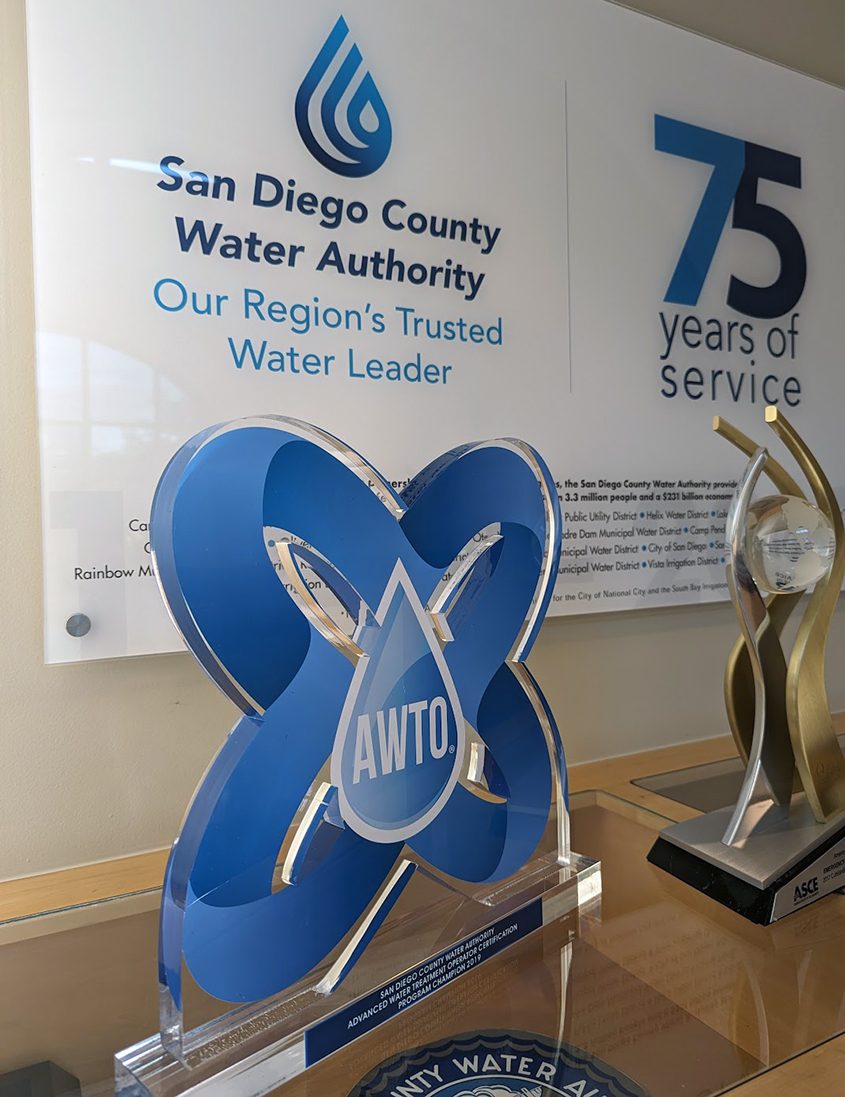 The Advanced Water Treatment Champion award presented to the San Diego County Water Authority for its leadership in developing the Advanced Water Treatment Operator training certificate. Photo: San Diego County Water Authority leadership in training