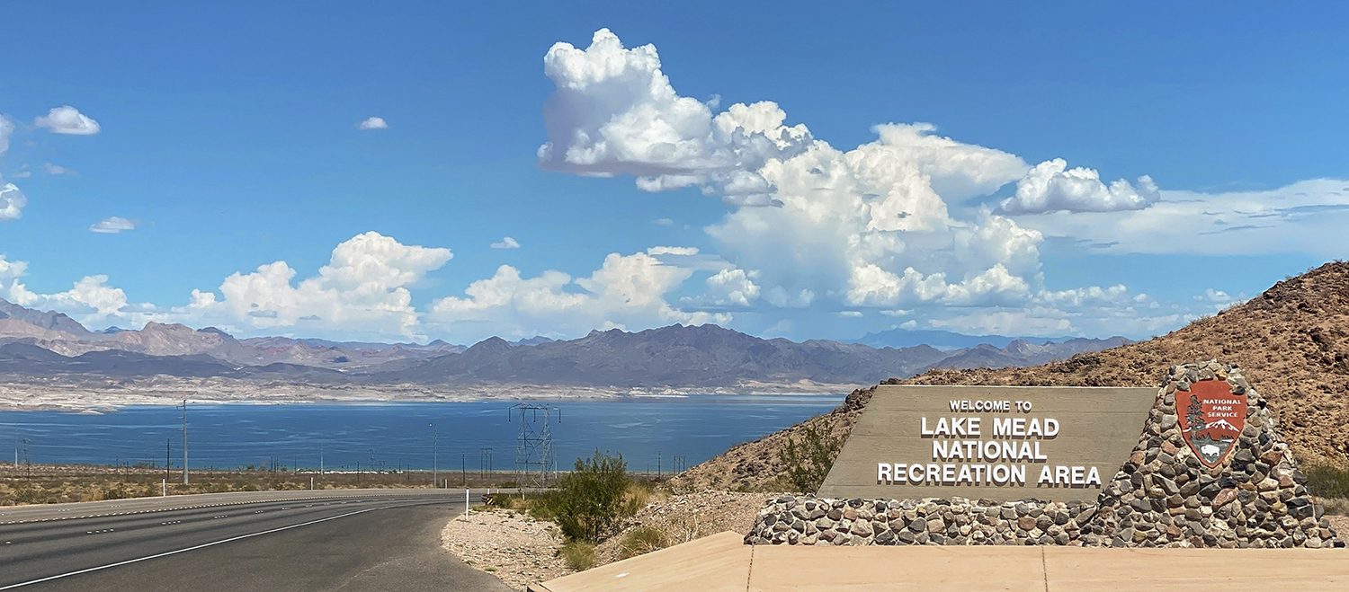 SLIDER The welcome sign for the Lake Mead National Recreation Area, which includes 750 miles of shoreline. The federal site was Americaís first national recreation area established in 1947. Photo taken August 17, 2022. Christopher Clark / U.S. Department of the Interior - Bureau of Reclamation