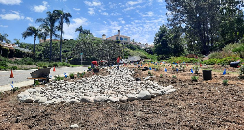 New landscaping includes low-water use plants, decorative dry riverbeds and low-water use plants along small areas of grass for walkers and pet owners. Photo: Vallecitos Water District