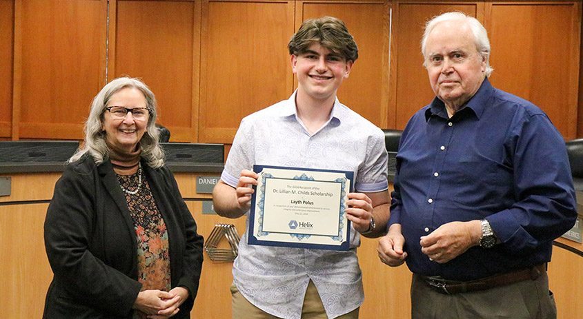 Layth Polus of Spring Valley is the 2024 recipient of Helix Water District’s Dr. Lillian M. Childs Scholarship. Polus poses with Director and Scholarship Committee Chair Andrea Beth Damsky and Board President Dan McMillan. Photo: Helix Water District