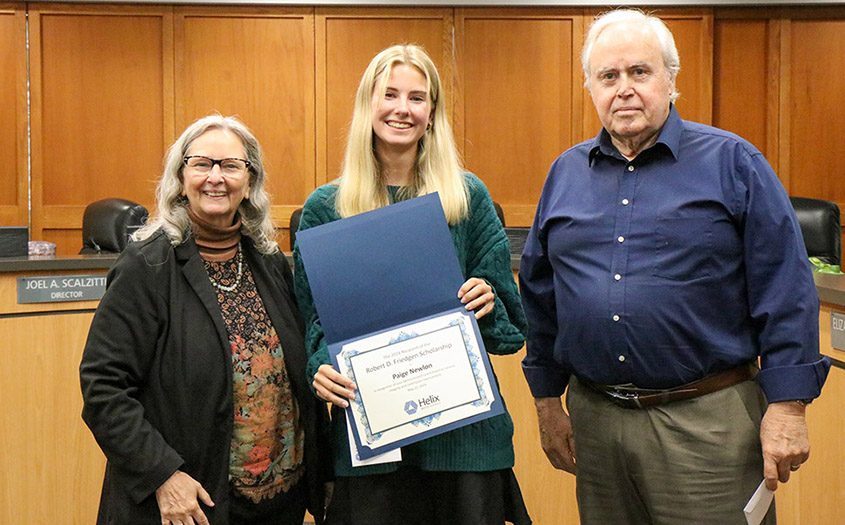 Paige Newlon of El Cajon is the 2024 recipient of Helix Water District’s Robert D. Friedgen Scholarship. Newlon poses with Director and Scholarship Committee Chair Andrea Beth Damsky and Board President Dan McMillan. Photo: Helix Water District