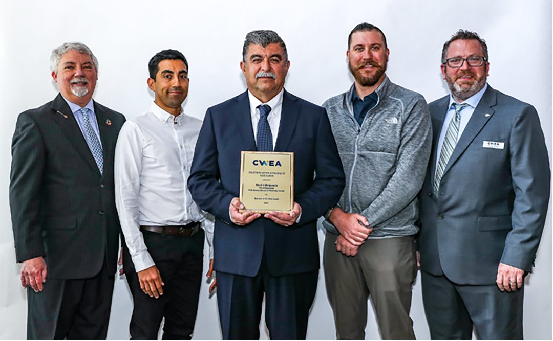 City of Escondido winner Raul Villalpondo (center) with (L to R) Keith Hobson, Vice President, Water Environment Federation (WEF), FOX Strand; Victor Corrales, City of Escondido; Wastewater Operations Manager; Villalpondo; Kyle Morgan, City of Escondido Assistant Director of Utilities Wastewater; and Chuck Greely, CWEA past president, Dudek. Photo: CWEA awards