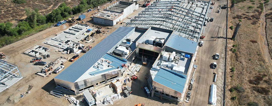 An overhead view of construction progress on the East County Advanced Water Purification program Education Center. Photo: East County AWP Padre Dam