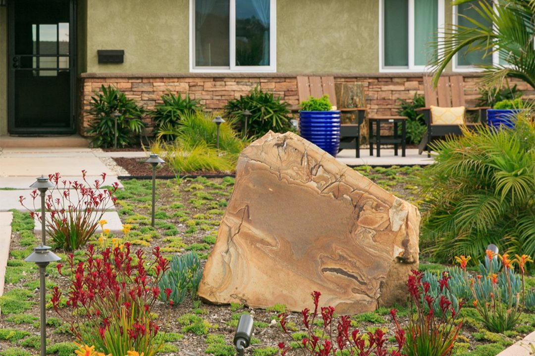 Pops of color come from lantana, kangaroo paw, gazanias, and angel’s trumpet. Photo: Padre Dam Municipal Water District tropical landscape