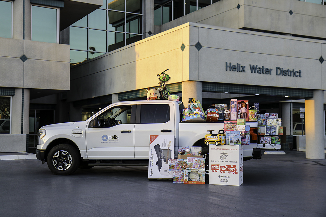 Helix Water District employees and customers have packed its Helix sleigh (service truck) with donations to Toys for Toys. Photo: Helix Water District