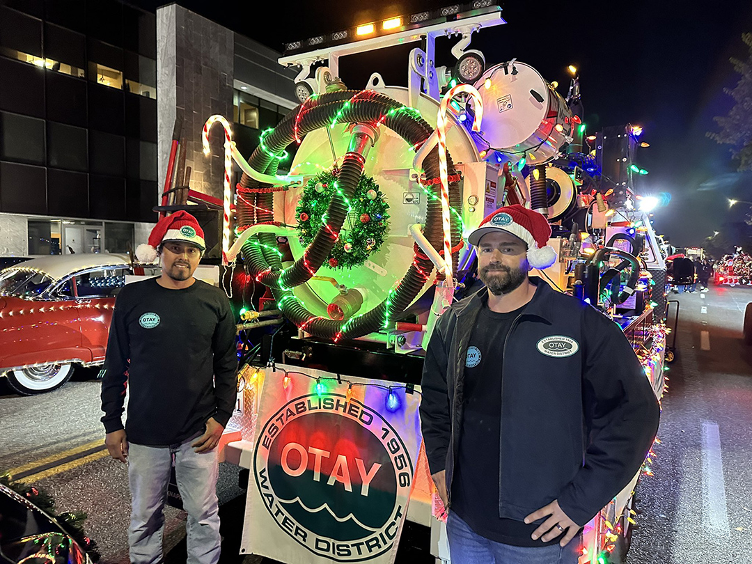 The Otay Water District's elves decorated its valve maintenance truck with lights to spread joy throughout Chula Vista as part of its annual holiday parade. Photo: Otay Water District