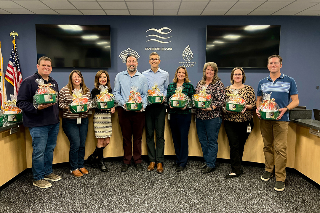 Padre Dam staff with some of the 100 baskets they assembled for the Water for People nonprofit. Photo: Padre Dam MWD