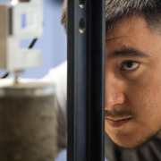 Sergio Gonzalez prepares for an Unconfined Compressive Strength test for the California Department of Water Resources Division of Engineering. Photo: Xavier Mascareñas, California Dept. of Water Resources