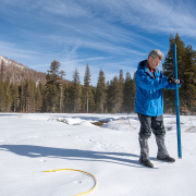 California Department of Water Resources Snow Surveys and Water Supply Forecasting Unit Manager Andy Reising conducts the first media snow survey of the 2025 season at Phillips Station in the Sierra Nevada. Photo: Nick Shockey, California Department of Water Resources