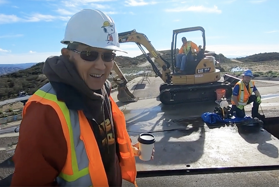 Jack Kubota with his trademark "Snoopy" hardhat in 2019 at age 89, viewing the Highpoint Pipeline Assessment project with new PICA trenchless technology. Photo: Vallecitos Water District