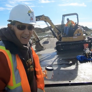 Jack Kubota with his trademark "Snoopy" hardhat in 2019 at age 89, viewing the Highpoint Pipeline Assessment project with new PICA trenchless technology. Photo: Vallecitos Water District