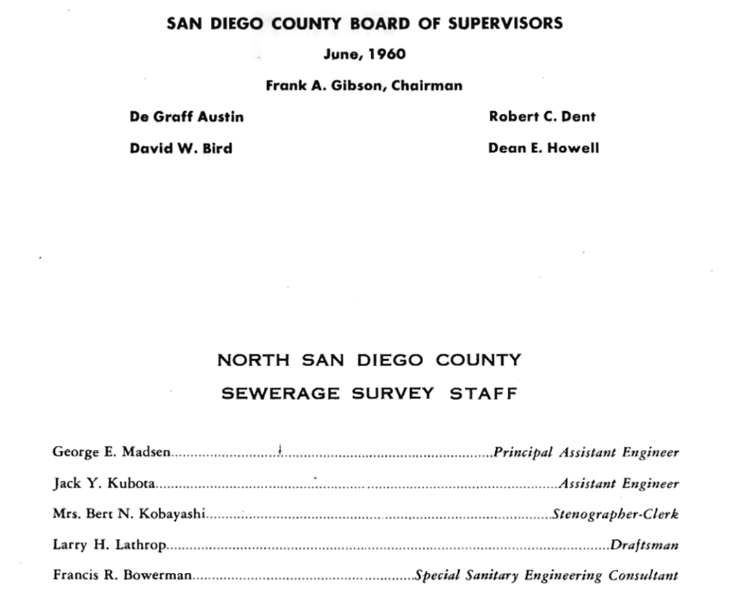 Jack Kubota appears in the staff credits of a 1960 report to the San Diego County Board of Supervisors. Photo: Vallecitos Water District/Jack Kubota