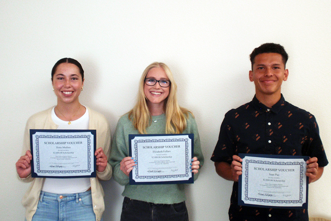 (L to R) Ilona Medina, Elizabeth Fellars, and Juan Paz are the 2024 scholarship recipients from the Vista Irrigation District. Photo: Vista Irrigation District 2025 scholarship applications