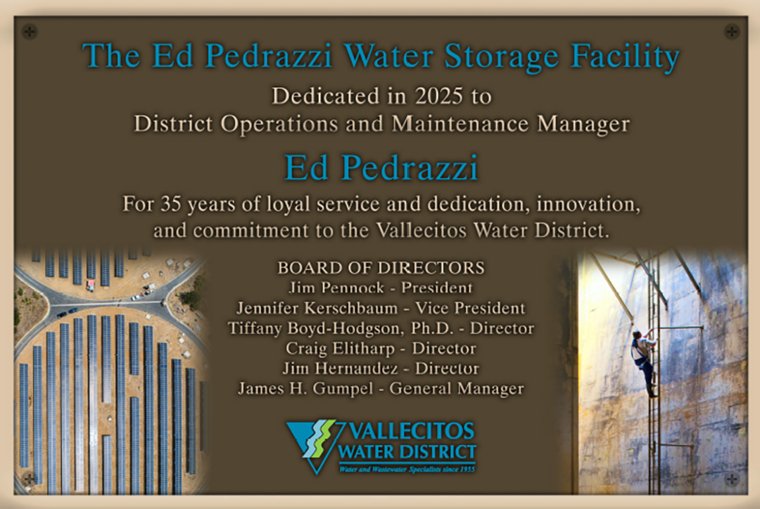 The new naming plaque for the Ed Pedrazzi Reservoir Facility. Photo: Vallecitos Water District