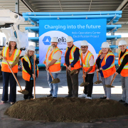 (L to R) SDG&E EV Customer Solutions Manager Lianna Lienau, Helix Division 2 Director Andrea Beth Damsky, Helix Board Vice President Joel A. Scalzitti, Helix Board President Dan McMillan, Helix Division 3 Director Mark Gracyk, Helix Division 4 Director Kathleen Coates Hedberg, and San Diego County Air Pollution Control District Chief of Emissions Reductions Kathleen Keehan at the groundbreaking for the Helix electrification project at its El Cajon operations center. Photo: Helix Water District