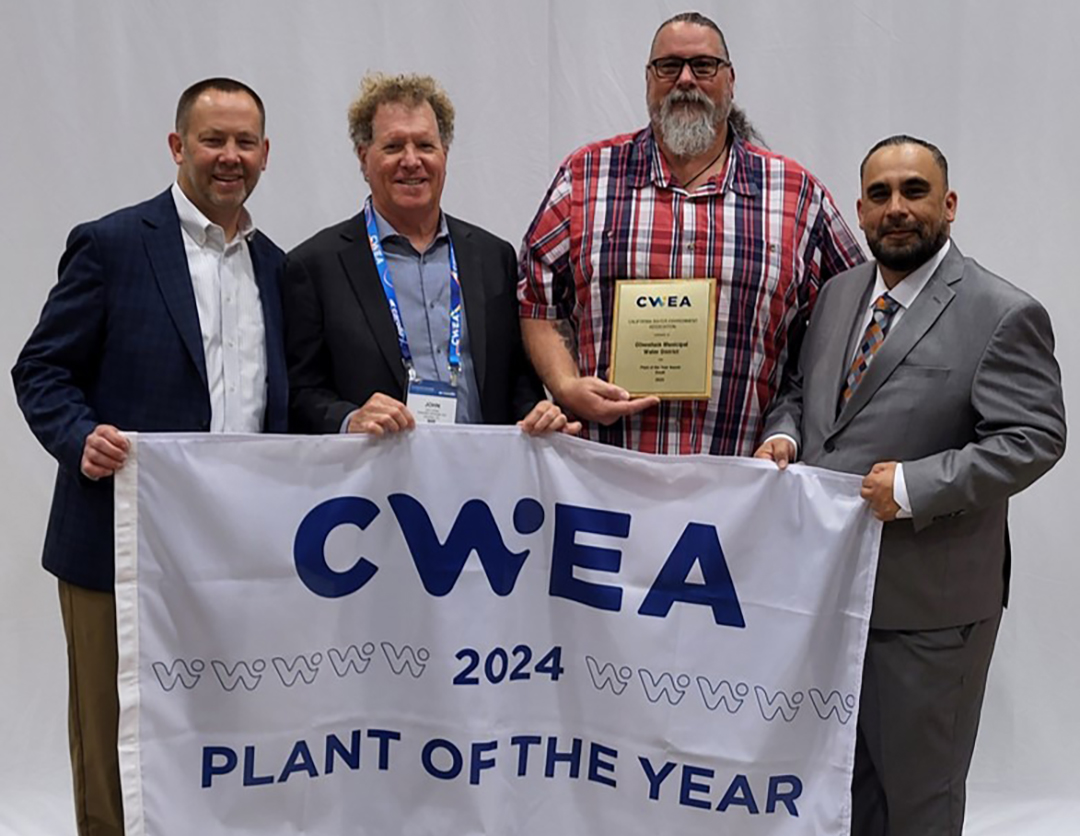 CWEA president Gilbert Barela (far right) presents the award to Olivenhain Municipal Water District employees John Onkka, recycled water program supervisor, and Jason Emerick, water reclamation operator. Photo: Olivenhain Municipal Water District 4S Ranch Water Reclamation Facility