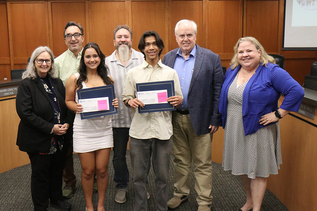 Ashley Beard received the Helix Water District’s Robert D. Friedgen Scholarship, and Agostinho Soto-wang received the Dr. Lillian M. Childs Scholarship. L to R: Helix Water District Division 2 Director Andrea Beth Damsky, Helix Division 3 Director Mark Gracyk, Ashley Beard, Helix Board Vice President Joel Scalzitti, Agostinho Soto-wang, Helix Board President Dan McMillan and Helix Division 4 Director Kathleen Coates Hedberg. Photo: Helix Water District scholarships