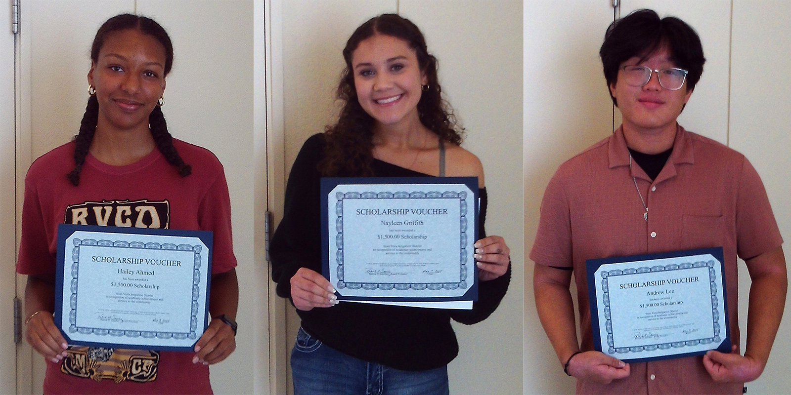 Vista Irrigation District college scholarship winners include (left to right) Hailey Ahmed, Nayleen Griffith, and Andrew Lee. Photo: Vista Irrigation District awards