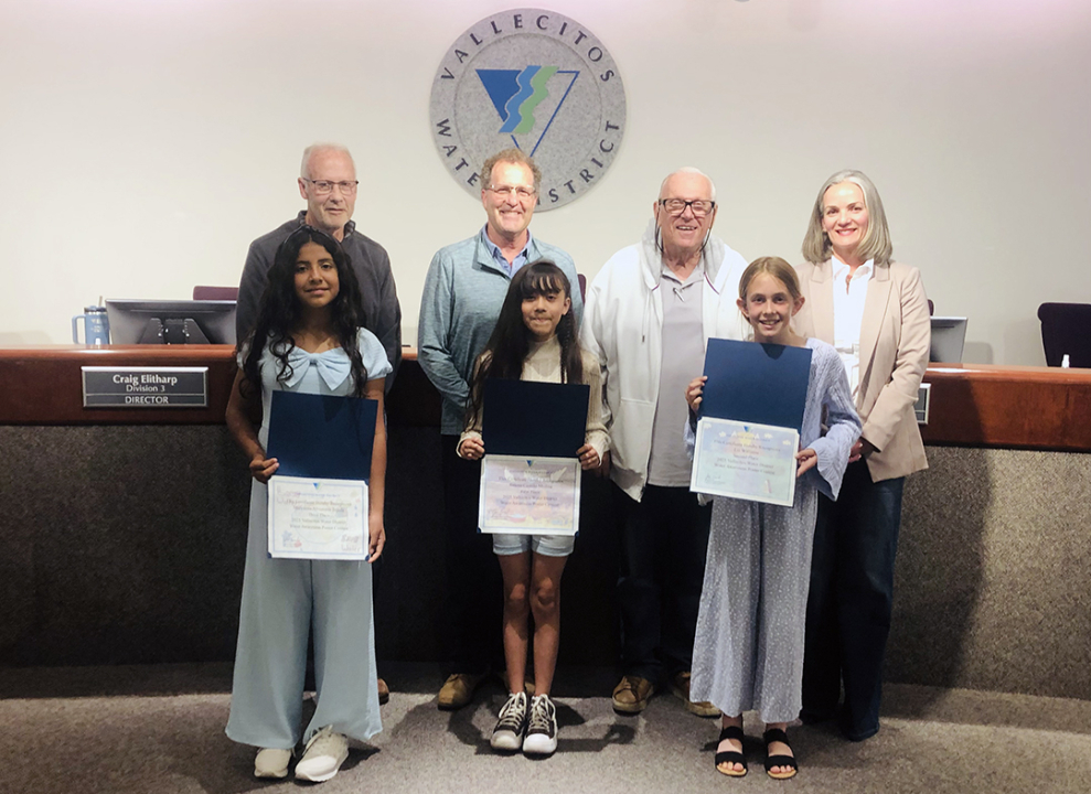 Back row (L to R): Vallecitos water District Board member Craig Elitharp, Board President Jim Pennock, Board member Jim Hernandez, and Board Vice President Jennifer Kerschbaum. Front row (L to R): Student winners Maryanne Alvezures, Jimena Castillo Medina, and Liv Williams. Photo: Vallecitos Water District