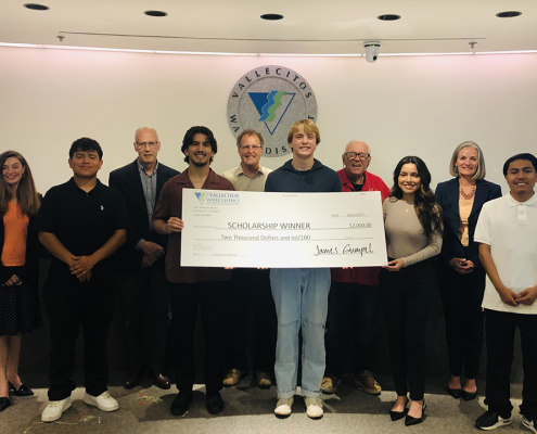 The 2025 Vallecitos Water District scholarship recipients include: Back row (L to R): Board members Tiffany Boyd-Hodgson, Craig Elitharp; Board President Jim Pennock; Board member Jim Hernandez, Board Vice President Jennifer Kerschbaum. Front row (L to R): Ricardo Cardenas, Kai Leffler, Brady Minger, Carolina Lopez, Angel Martinez. Photo: Vallecitos Water District