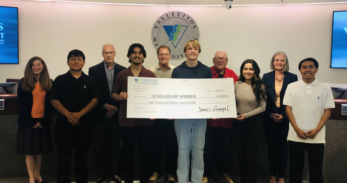 The 2025 Vallecitos Water District scholarship recipients include: Back row (L to R): Board members Tiffany Boyd-Hodgson, Craig Elitharp; Board President Jim Pennock; Board member Jim Hernandez, Board Vice President Jennifer Kerschbaum. Front row (L to R): Ricardo Cardenas, Kai Leffler, Brady Minger, Carolina Lopez, Angel Martinez. Photo: Vallecitos Water District