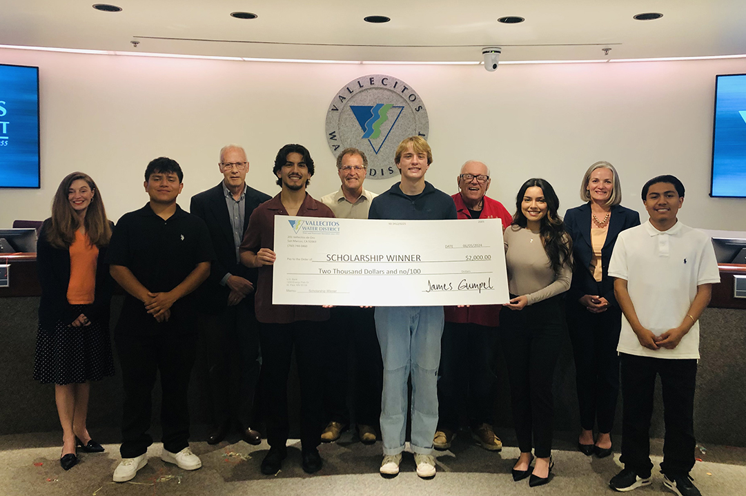 The 2025 Vallecitos Water District scholarship recipients include: Back row (L to R): Board members Tiffany Boyd-Hodgson, Craig Elitharp; Board President Jim Pennock; Board member Jim Hernandez, Board Vice President Jennifer Kerschbaum. Front row (L to R): Ricardo Cardenas, Kai Leffler, Brady Minger, Carolina Lopez, Angel Martinez. Photo: Vallecitos Water District