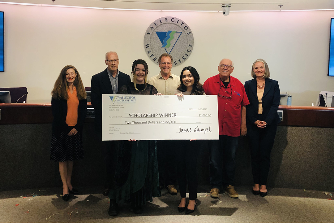 The 2025 Vallecitos Water District scholarship recipients include: Back row (L to R): Board members Tiffany Boyd-Hodgson, Craig Elitharp; Board President Jim Pennock; Board member Jim Hernandez, Board Vice President Jennifer Kerschbaum.Front row: Lindsay Pratel annd Carolina Lopez. Photo: Vallecitos Water District