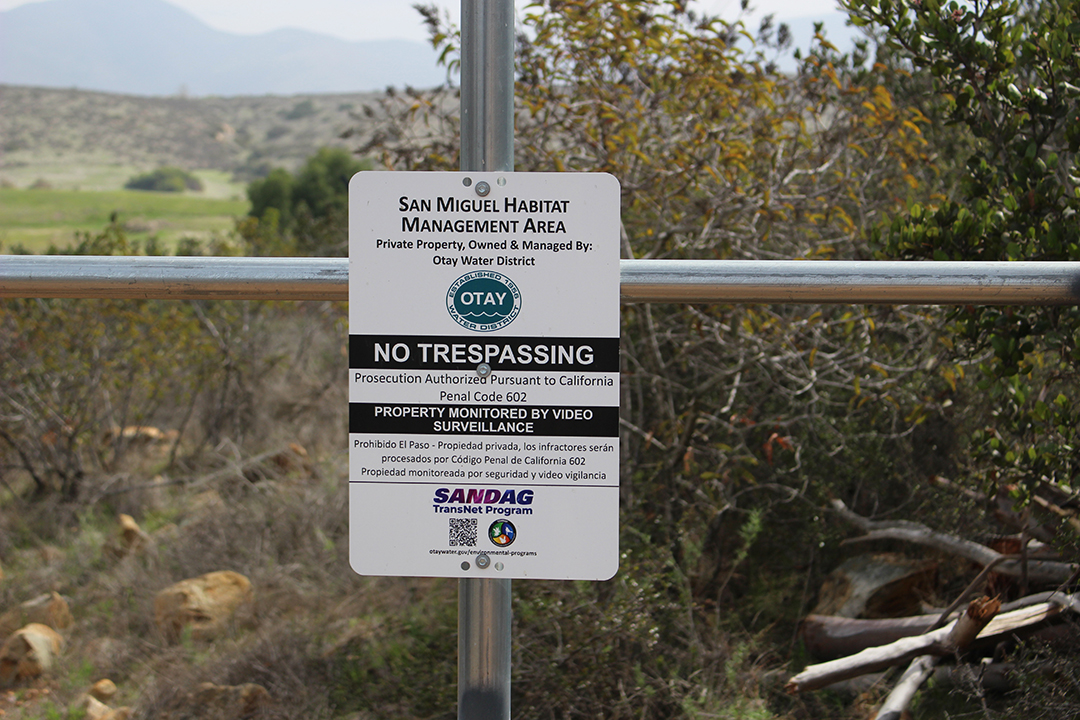 Posted signs remind the public about the need for habitat preservation by avoiding trespassing in the San Miguel HMA. Photo: Otay Water District