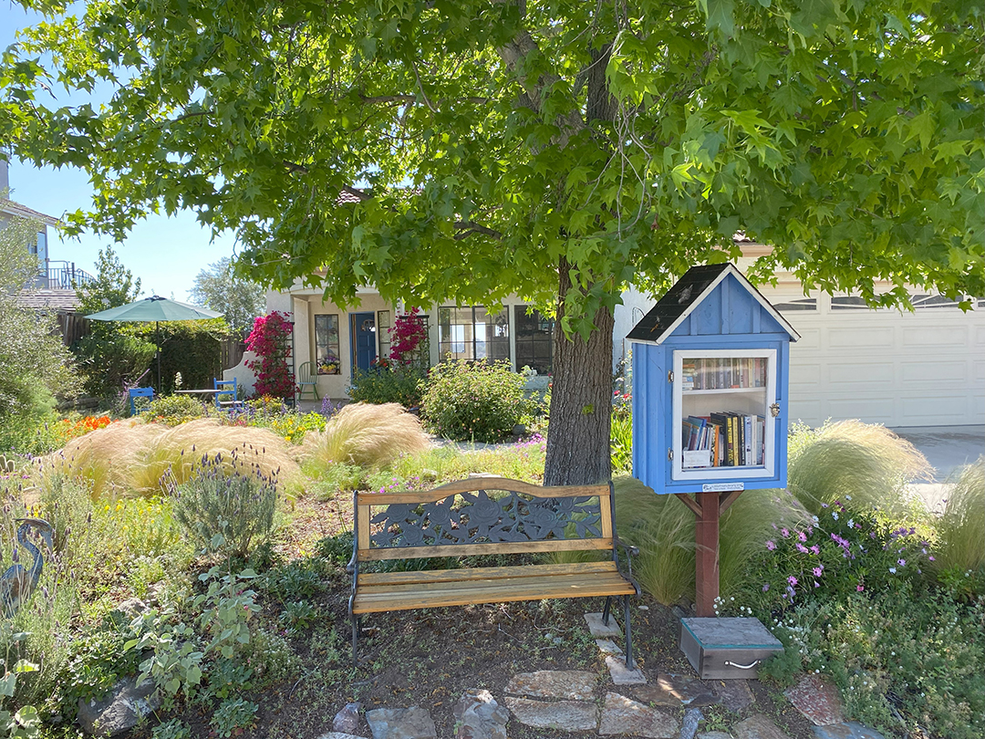 Janet Chambers added a Small Little Library to her vibrant, watersmart landscape. Photo: Vista Irrigation District