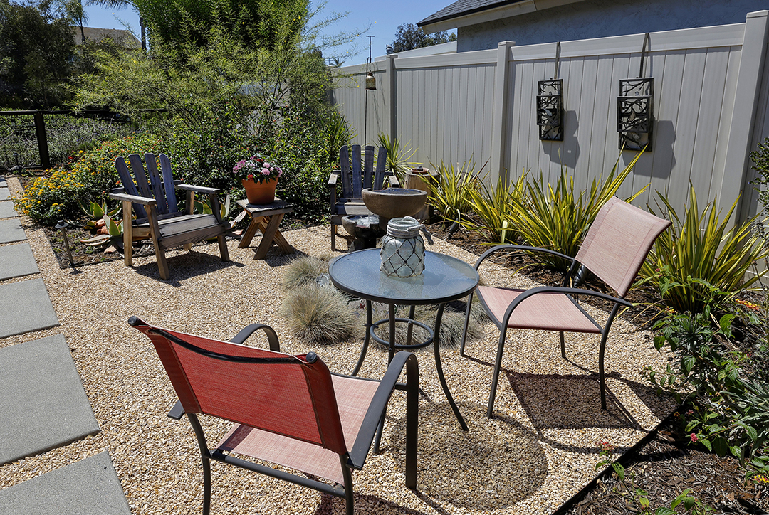 A seating area in the new landscape. Photo: Otay Water District low maintenance garden