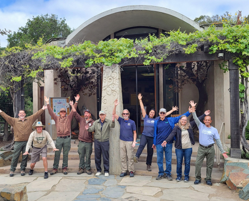 (L to R) Elfin Forest Recreational Reserve Park Supervisor Jeff Anderson, volunteer Keith Kelly, rangers Jonathan Zeller and Shawnn Schaub, volunteers Walter Haslop and Pure Excellence winner Mike Dzurko, Escondido Creek Conservancy Land Manager Donna Leon, and volunteers Rich Riemer, Debbie Matsumoto, and Marvin Valverde at Elfin Forest Interpretive Center Honoring Susan J. Varty. Photo: Olivenhain Municipal Water District