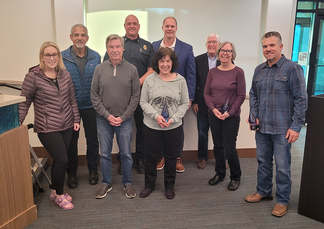 2025 Pure Excellence AwardS winners: Front row (L to R): Olivenhain Fire Safe Council board members Jennifer Bishop, Jeff Dasch, and Sara Lifton; Beverly Weber, and Cass Arrieta President Wes Wise. Back row (L to R): OFSC board member Hector Paredes, Rancho Santa Fe Fire Protection District Fire Chief McQueade, OMWD President Matthew Hahn, and RSFFPD President James Ashcraft. Photo: Olivenhain Municipal Water District