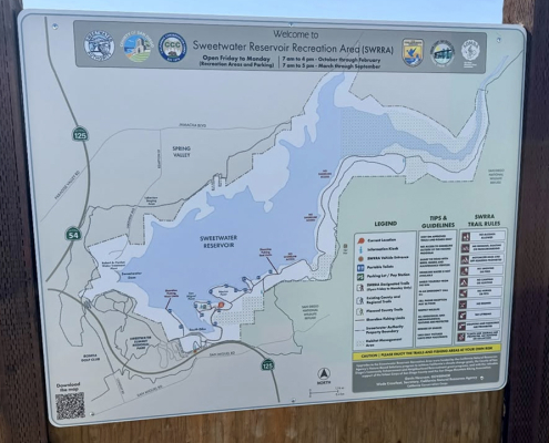 A map display showing the new path as part of the Sweetwater Reservoir Recreation trail system. Sweetwater Reservoir Trail