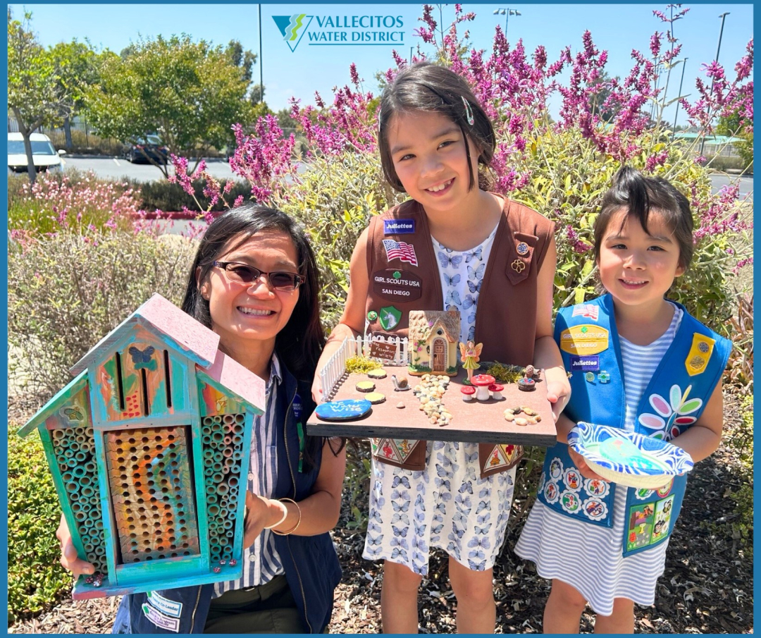 Kristine Chau with her daughters Arya and Mila, who decorated and donated a bee box as a portable seed library to the Vallecitos Water District. Photo: Vallecitos Water District Garden Art